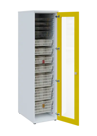 EUROMEDICA S - 46 skříň léková boxová, 1-dveřová/prosklená, pravá, 1950x460x735, korpus bílý, dvířka žlutá odio